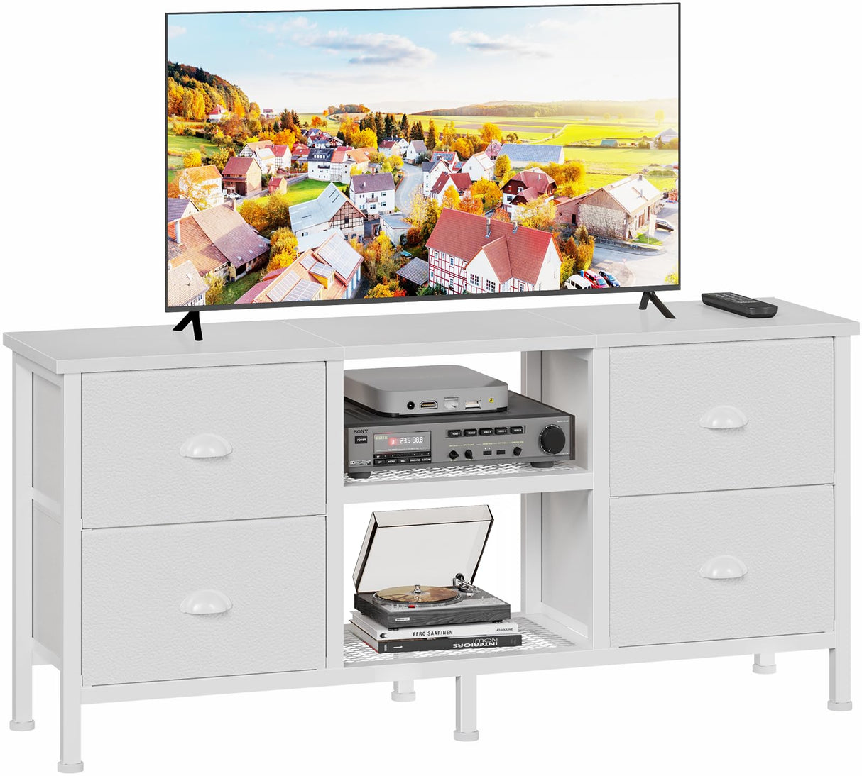 Furologee TV Stand Dresser with 4 Drawers, Entertainment Center with Open Shelf, Small TV Console Table for 50" TV, Media Center for Bedroom, Living Room/White Furologee
