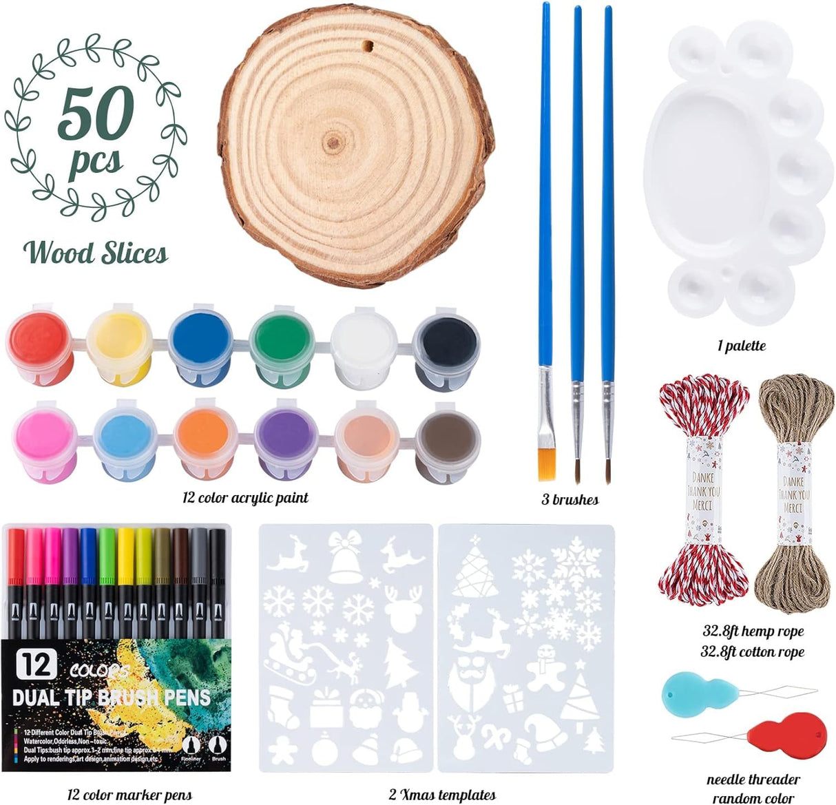 ilauke Wood Slices, 50PCS 2.4"-2.8" Unfinished Natural Wooden Christmas Ornaments Kit with Pre-drilled Hole, Acrylic Paint Pattern Stencils, DIY Crafts for Xmas Ornaments Party Holiday Decor ilauke