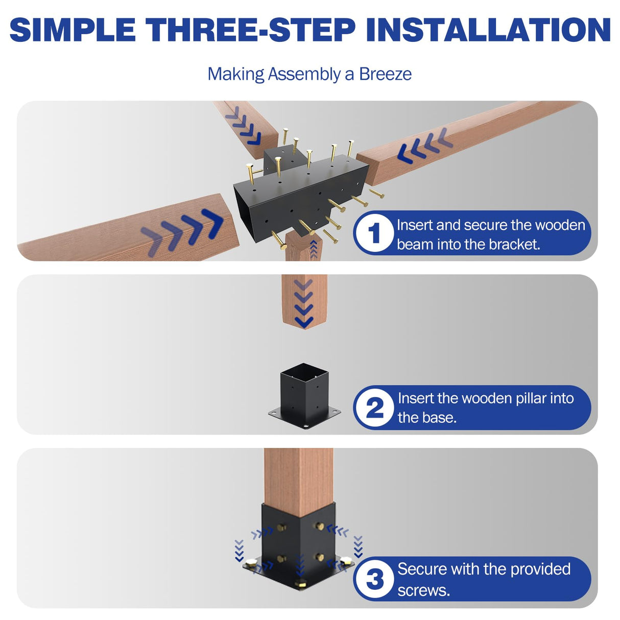 Pergola Kit, 15° 4-Way Slanted Roof Pergola Bracket Set, Powder-Coated Roof Wall Mount Pergola Brackets 4" x 4" (Actual: 3.5x3.5 Inch), Pergola Hardware for Porch Gazebo Backyard (3 pcs) TOCRETOARE