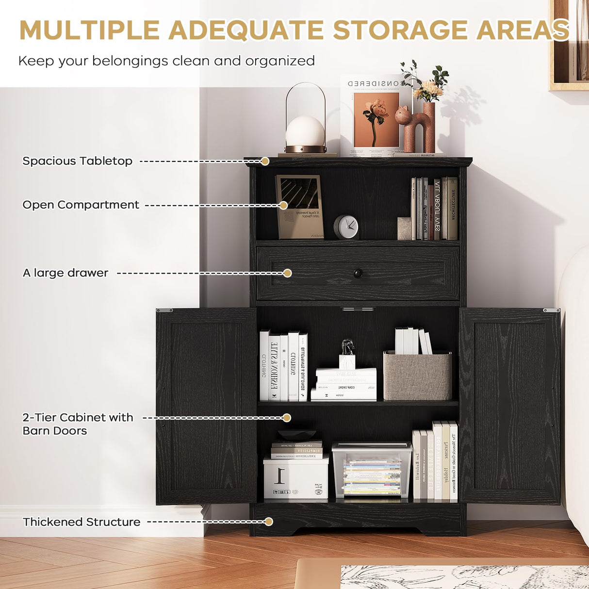 Viroformo Floor Cabinet, Farmhouse Storage Cabinet with Barn Doors and Drawer, 11.81" D x 23.62" W x 39.37" H Black Freestanding Adjustable Shelf Organizer for Bathroom, Kitchen, Living Room Viroformo