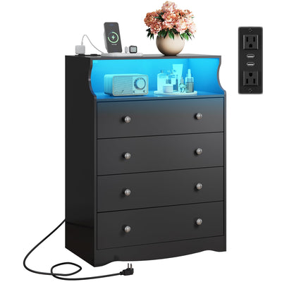 WLIVE Black LED Dresser for Bedroom, Tall Wood Dresser with 4 Drawers and Open Shelf, Chest of Drawers with Charging Station and LED Lights for Living Room, Hallway, Closet