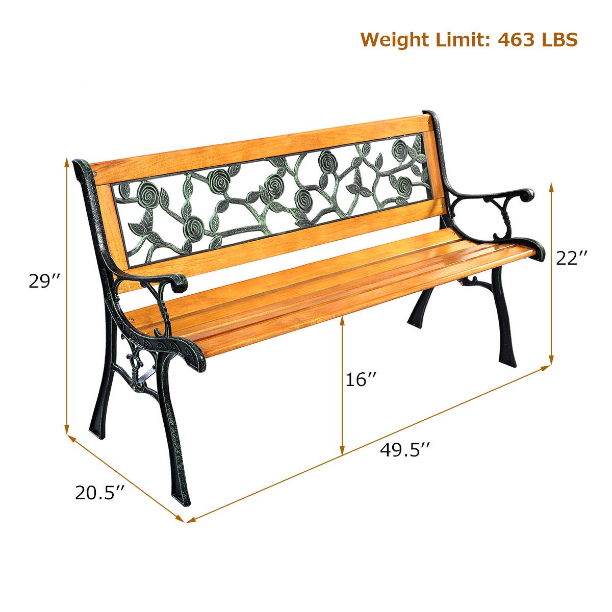 Giantex 50'' Patio Park Garden Bench, Outdoor Furniture Rose Cast Iron Hardwood Frame Porch Loveseat for 2 Person Outdoor Clearance Giantex