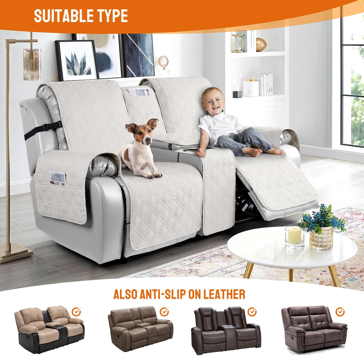 VANSOFY Loveseat Recliner Cover with Console 100% Waterproof Sofa Slipcovers Non-Slip Reclining Couch Cover Split Sofa Covers Furniture Protector for Pets, Dogs(Off White) VANSOFY