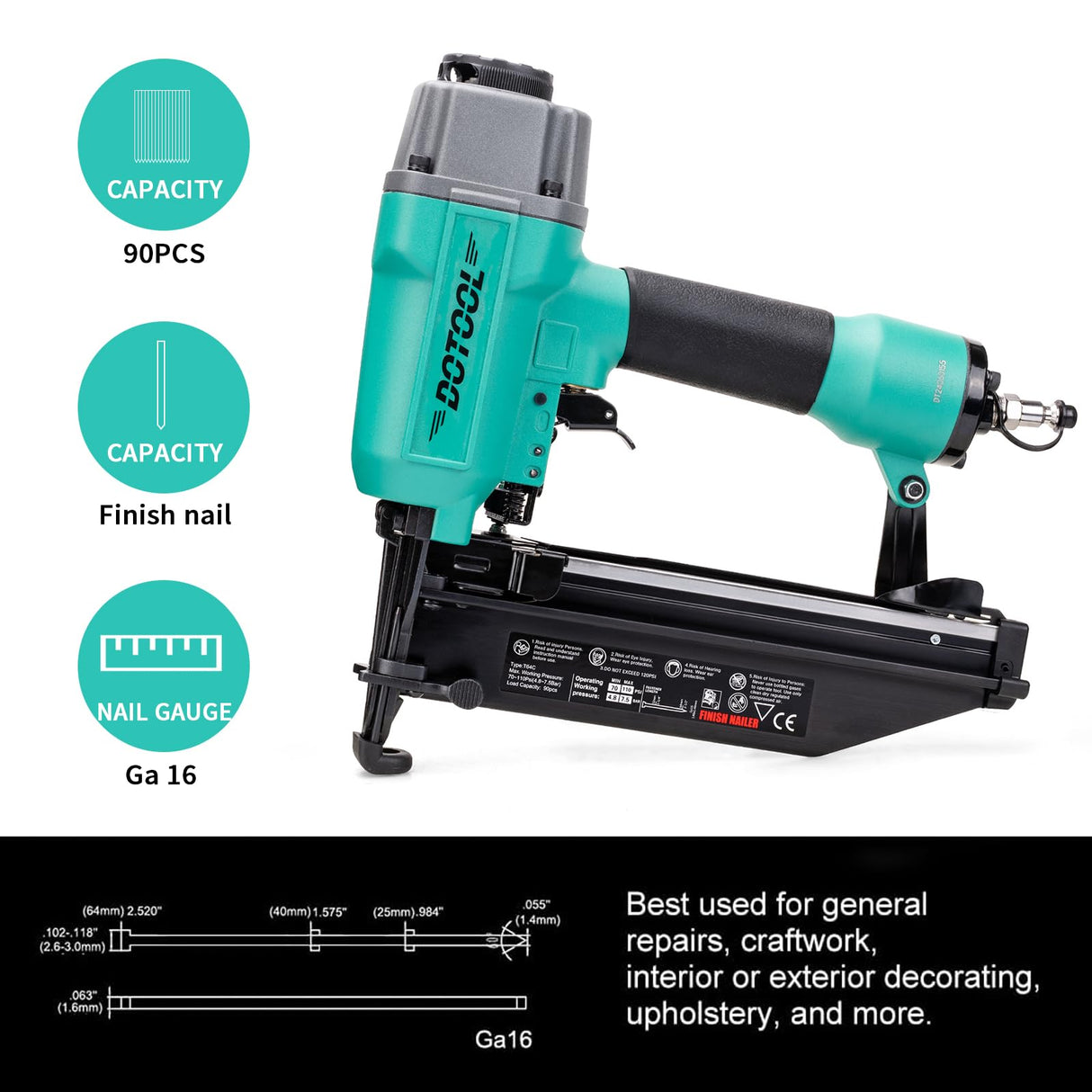 DOTOOL Finish Nailer 16GA 1-inch to 2-1/2-inch Finish Nails Pneumatic Nail Gun with Tool-Free Depth Adjust Dotool
