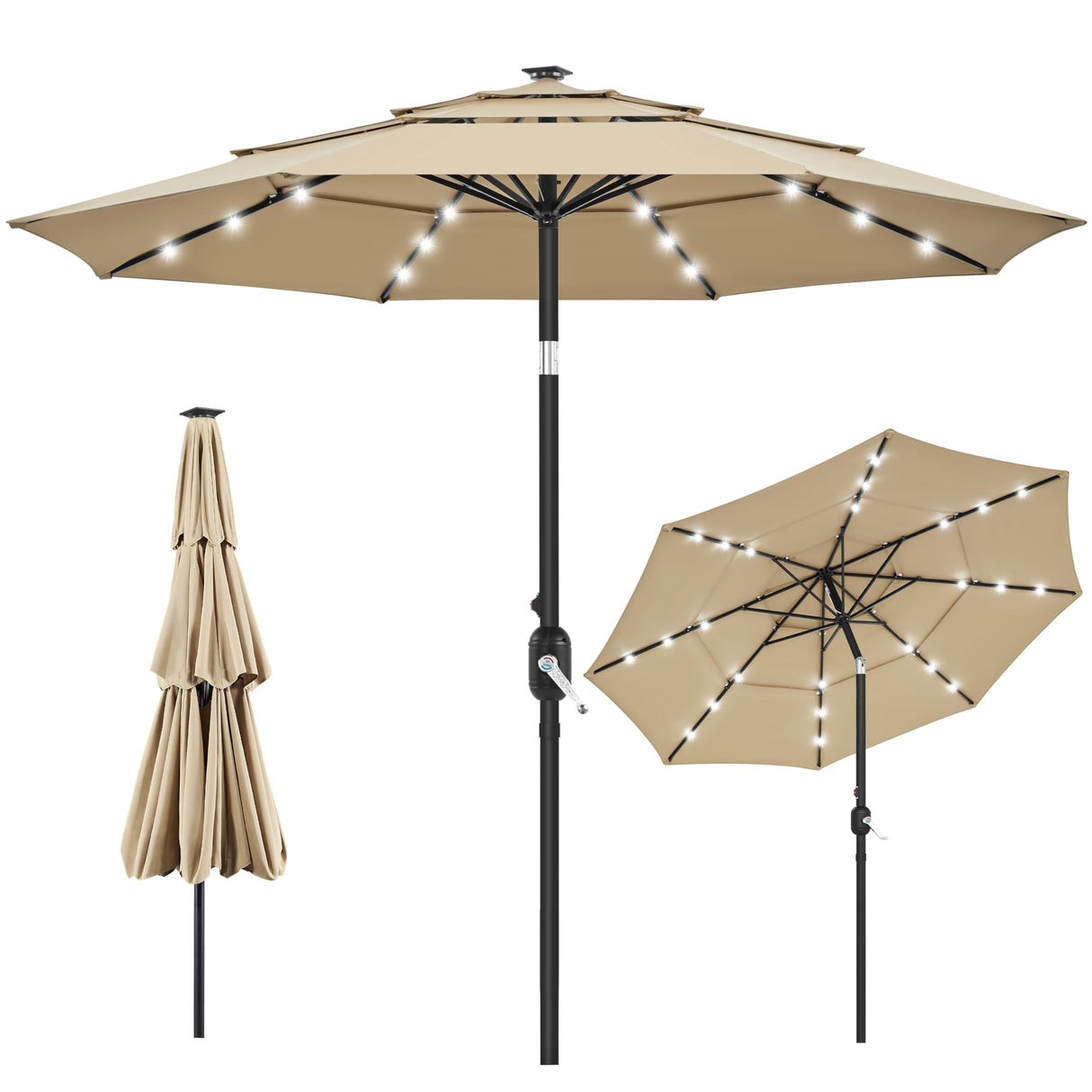 Yaheetech 10ft 3-Tier Vented Solar Patio Umbrella, Table Outdoor Market Umbrella with 24 LED Lights, 8 Sturdy Ribs Beach Umbrella with Tilt and Crank for Garden, Deck, Tan Yaheetech