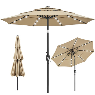 Yaheetech 10ft 3-Tier Vented Solar Patio Umbrella, Table Outdoor Market Umbrella with 24 LED Lights, 8 Sturdy Ribs Beach Umbrella with Tilt and Crank for Garden, Deck, Tan