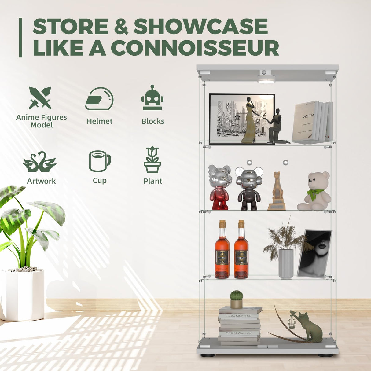 HAMBING Glass Display Cabinet with LED Lights and Lock, 4-Shelf Tempered Glass Curio Cabinet with 2 Doors, Collectible Display Showcase for Living Room, Bedroom – White HAMBING