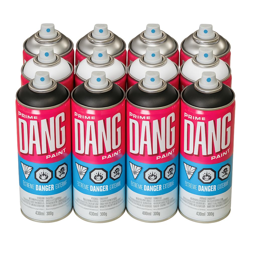 DANG Prime Graffiti Spray Paint Set of 12 Monochrome Colors, 400ml Cans, High Coverage Matte Spray Paint Kit, Low Pressure, Ideal for Murals, Outdoor, Metal, Vinyl, Wood, Graffiti Art Supplies DANG Paint