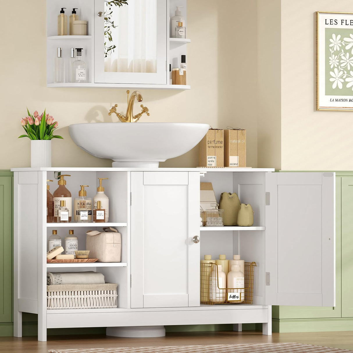 TEENFON 35.4" Pedestal Sink Storage Cabinet with 2 Doors and Adjustable Shelves, Bathroom Sink Cabinet, Under Sink Storage with U-Shape Cut-Out, White TEENFON