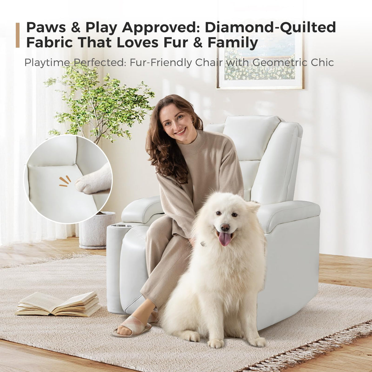 ANJ White Power Recliner Chair Set of 2, Electric Home Theater Seating Soft Leather Reclining Chairs for Movie Room Overstuffed Recliners with Hidden Arm Storage, Cup Holders and USB Ports ANJ