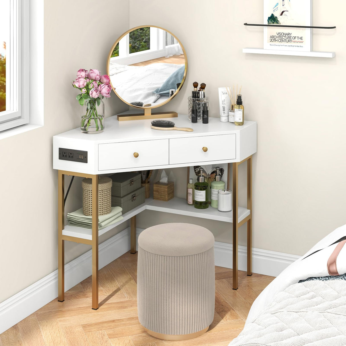 Tangkula White Corner Desk with 2 Drawers & Built-in Charging Station, 90 Degrees Triangle Corner Computer Desk for Small Space, Bedroom Makeup Vanity Desk with Storage Shelves, Corner Writing Desk Tangkula