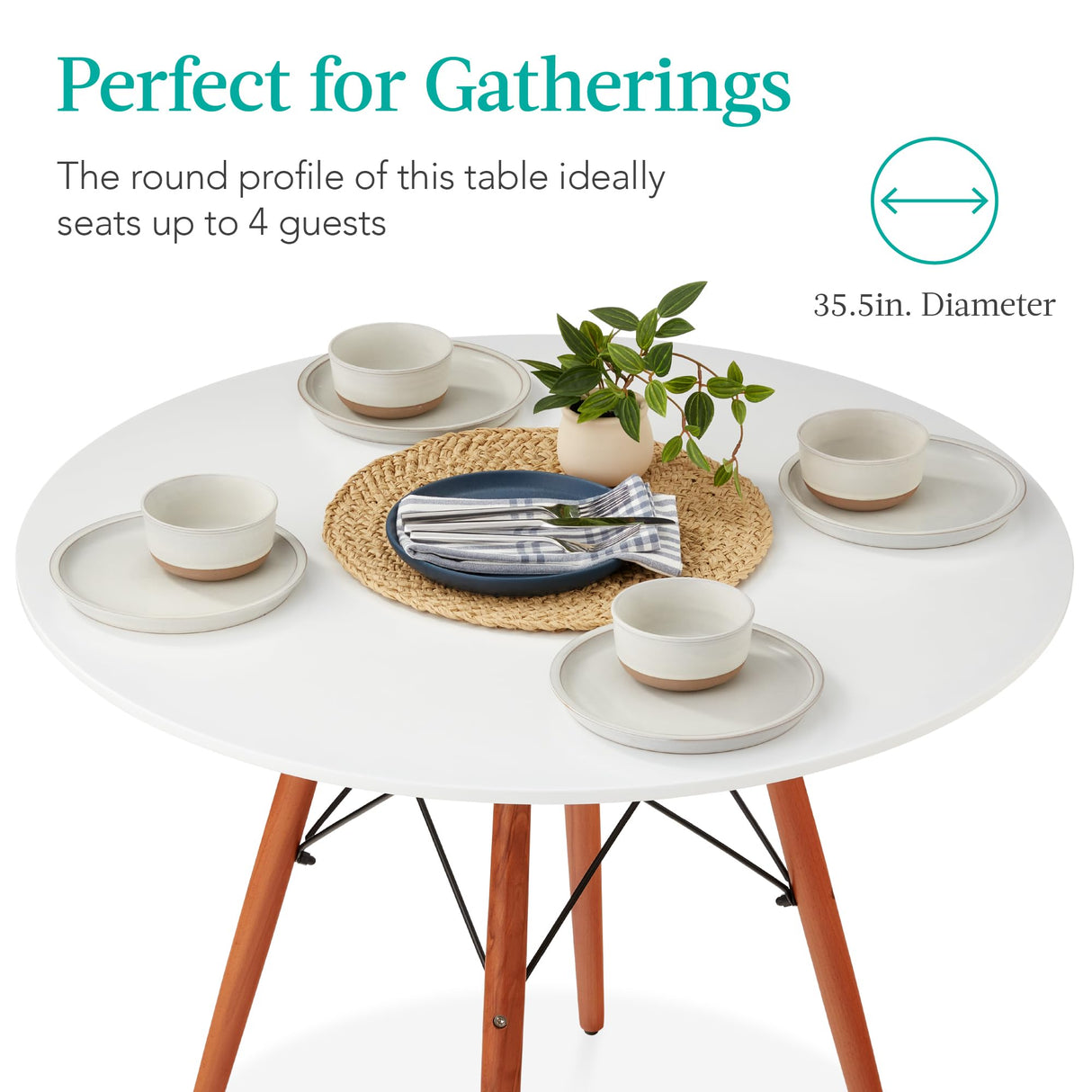 Best Choice Products 35.5in Round Dining Table, Compact Mid-Century Modern Table for 2-4, Home, Kitchen, Apartment w/Beech Wood Legs, Metal Frame - White Best Choice Products