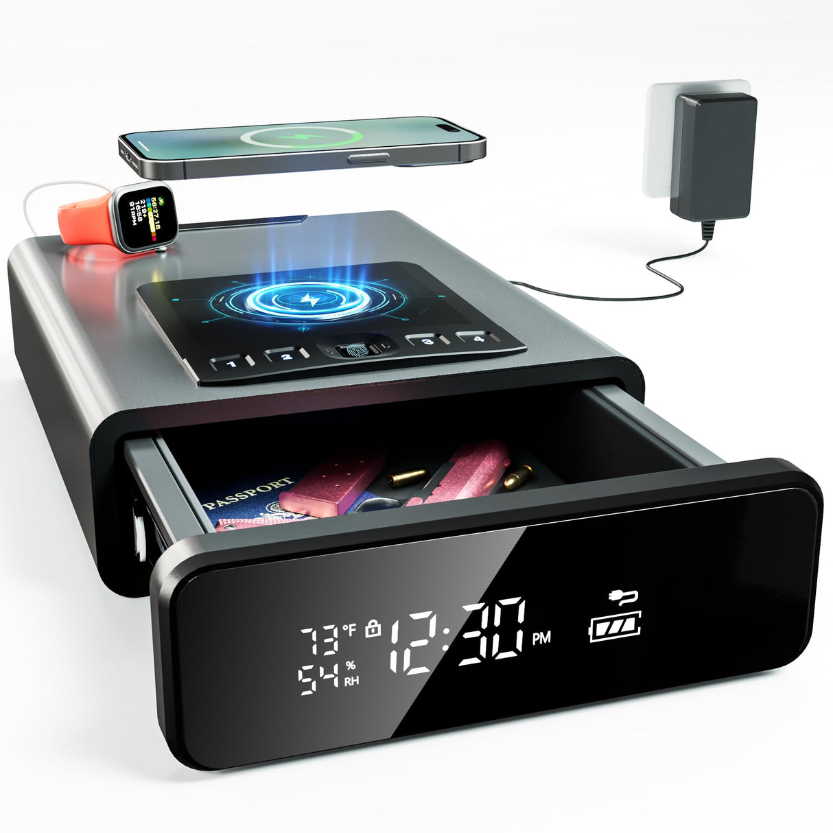 Mboko Biometric Discreet Gun Safe with 12-Hour Time Clock Display, Wireless Charging Gun Safe for Handgun with Adjustable Brightness, Backlit Keypad, LED Light, and Auto Pop-up Access Mboko