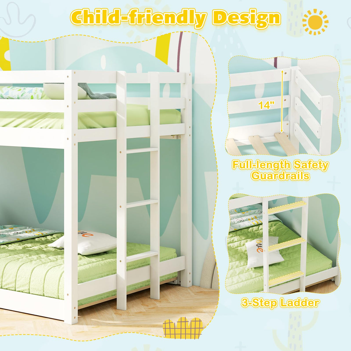 Giantex House Bunk Bed Twin Over Twin, Solid Wood Floor Bunk Bed with Built in Ladder, Window & Safety Guardrail, Wooden Kids Low Bunk Beds for Teens Boys & Girls, No Box Spring Needed, White Giantex