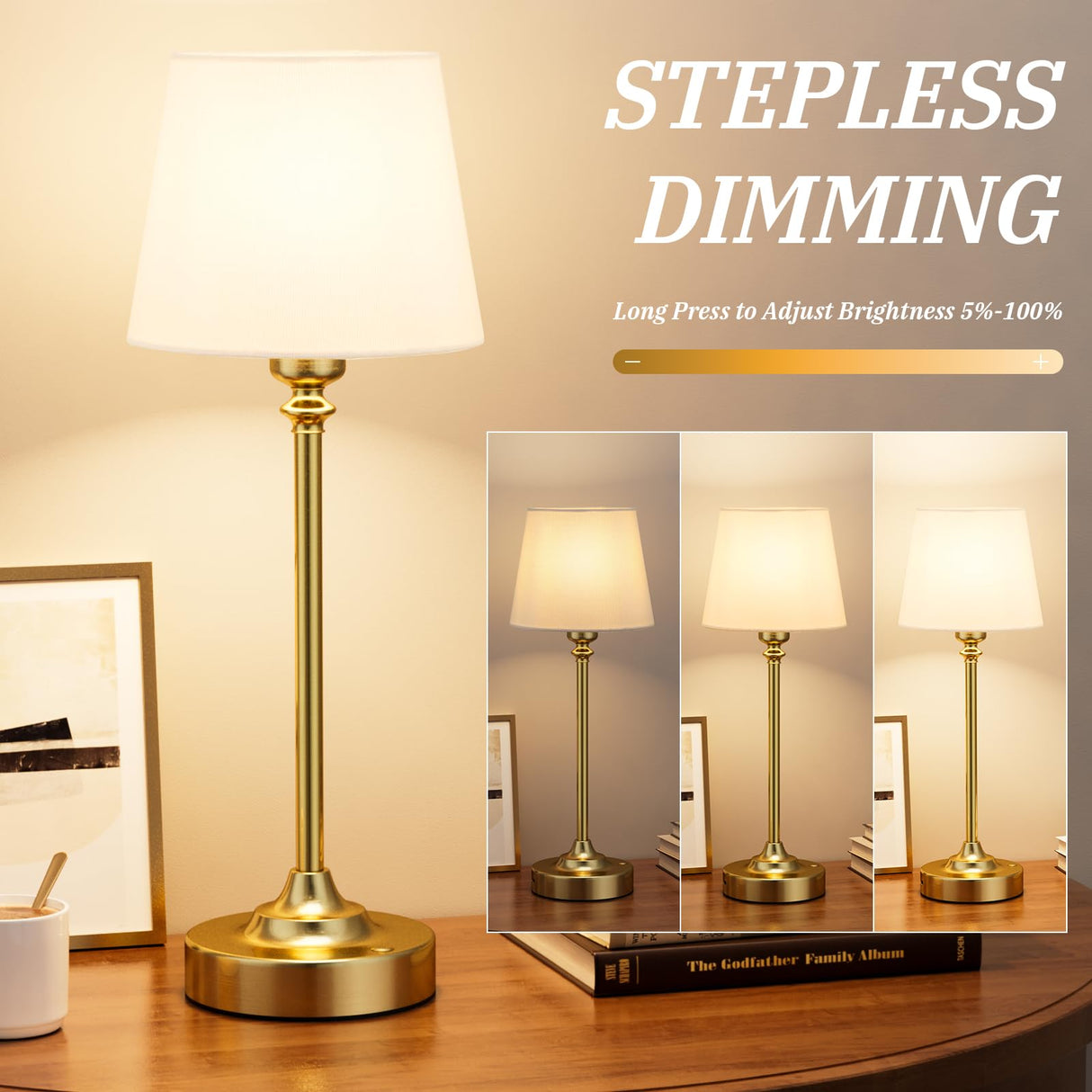 Cordless Table Lamp Rechargeable Gold - 1 Pack Brass 4000mAH Battery Operated Lamp for Decor, 3000K Stepless Dimming Touch Control Wireless Lamp for Bedroom, Dining Table, Counter, Living Room Kakanuo