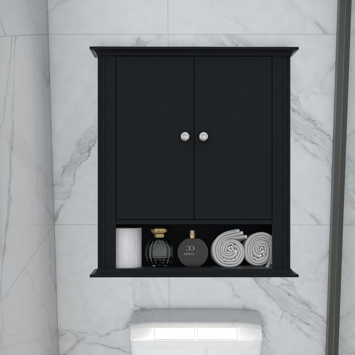 UYIHOME Wall Cabinet Over Toilet, Wall Mounted, Wooden Storage Cabinet with 2 Doors, Hanging Storage Cabinet Over Toilet, Upper Cabinet Storage Cupboard for Kitchen Laundry Room, Black UYIHOME