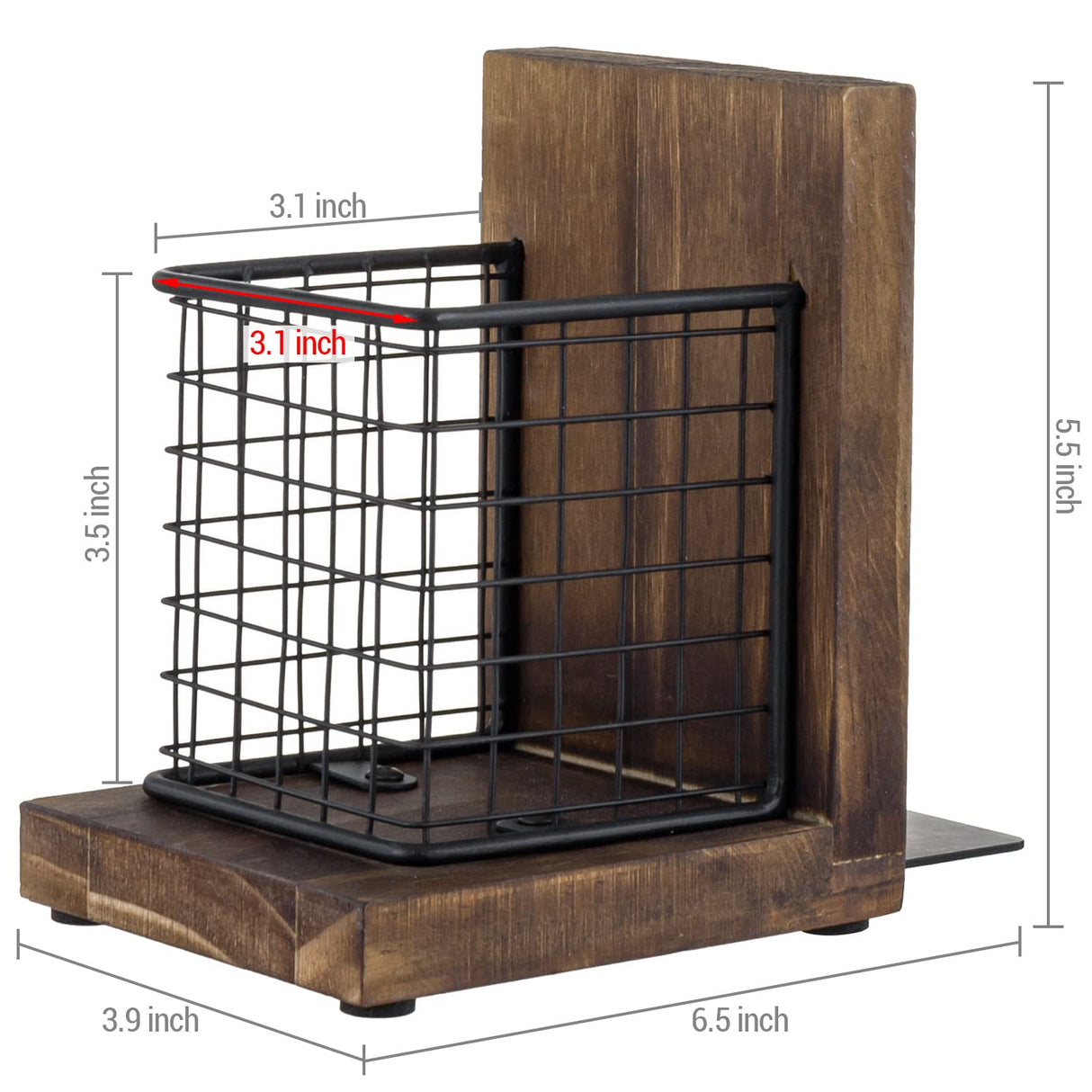 MyGift Rustic Burnt Wood Decorative Bookends for Heavy Books with Matte Black Metal Wire Basket Pencil Cup and Office Supplies Storage Baskets, 1-Pair MyGift