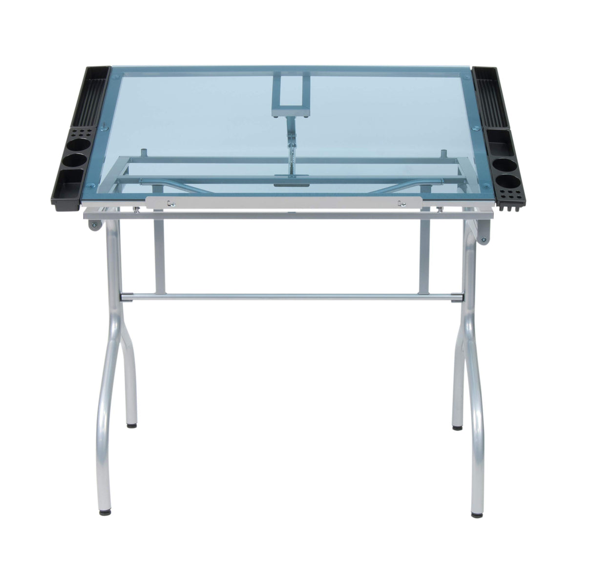Studio Designs Folding Modern Glass Top Adjustable Drafting Table Craft Table Drawing Desk Hobby Table Writing Desk Studio Desk, 35.25" W x 23.75" D, Silver / Blue Glass SD STUDIO DESIGNS