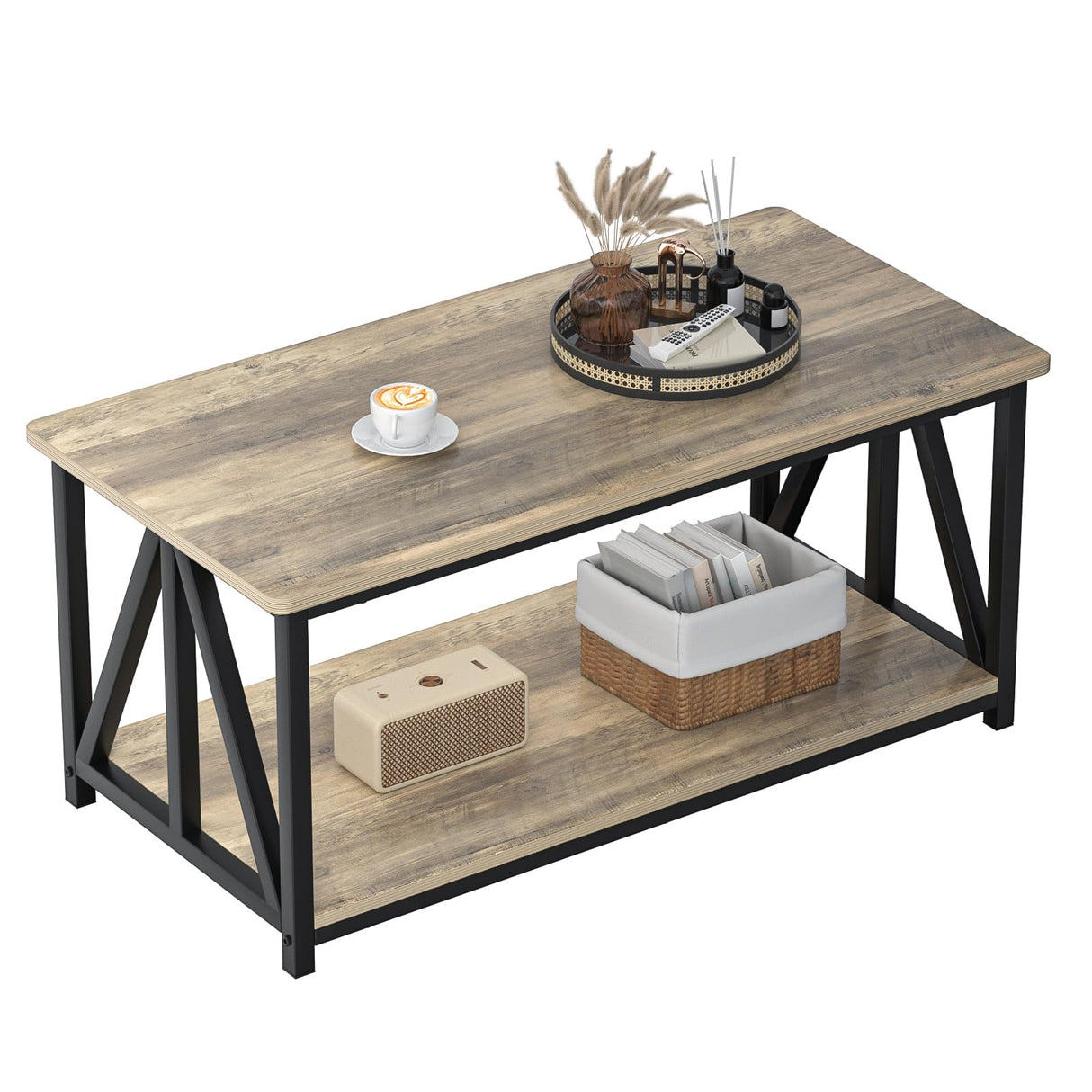 SOROGRA Coffee Table for Living Room with Round Corners, 2 Tier Modern Farmhouse Center Tables with Storage Shelf, 39 Inch Small Table for Sofa Home Office, Grey Wash SOROGRA