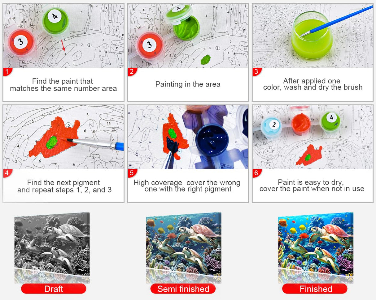 Paint by Numbers for Adults Turtle and Coral Reef in The Red Sea, Marine Animal Underwater World Paint by Number Kit on Canvas for Beginners, Oil Painting Set 16x20 Inch Rebotipy