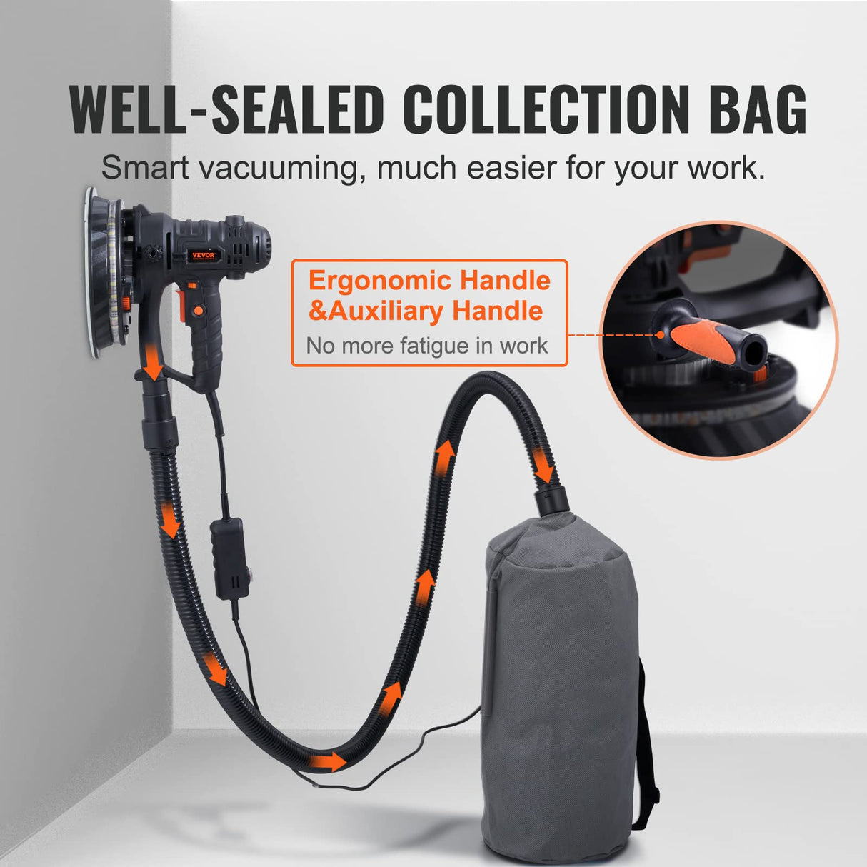 VEVOR Drywall Sander, 800W Electric Sander with 12 Sanding Discs, Variable Speed 1200-2300 RPM Wall Sander with Automatic Vacuum Dust Collection System, Double LED Lights, Dust Bag, Detachable Edge VEVOR