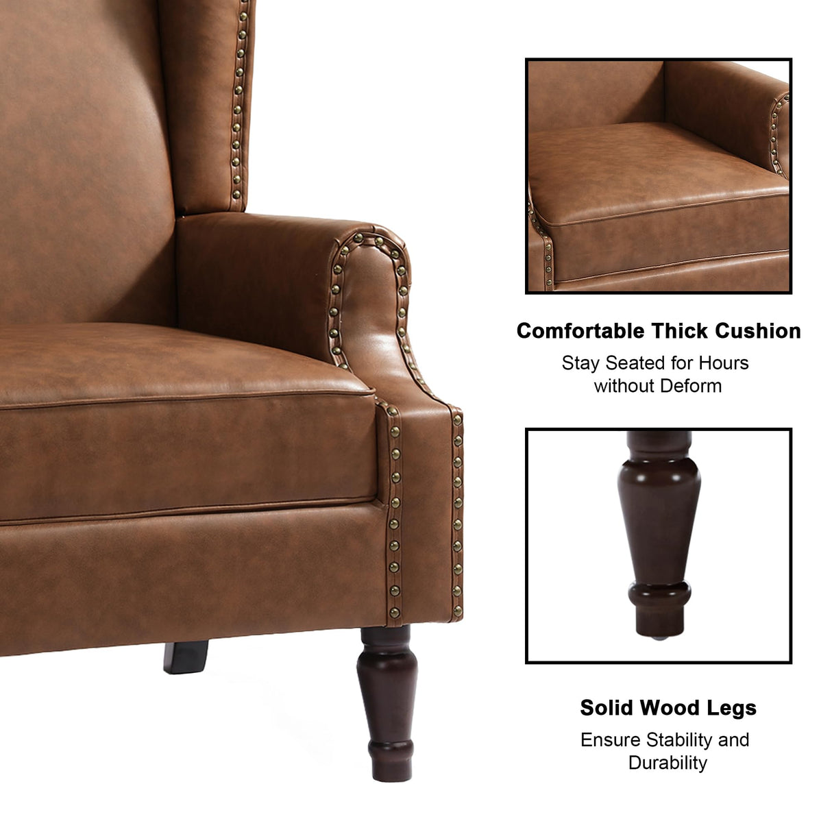 DREAMSIDEA Accent Chair, Upholstered High Back Armchair with Nailhead Trim & Wood Legs, Comfy Wingback Reading Single Sofa Chair for Small Spaces, Living Room, Bedroom (Leather Brown, Set of 1) DREAMSIDEA