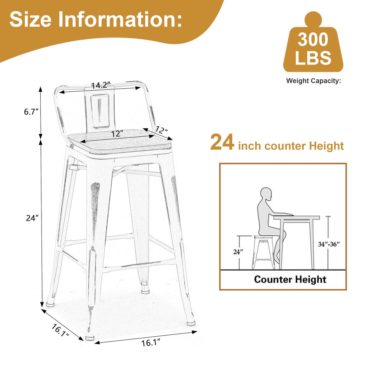 Andeworld Bar Stools Set of 4 Counter Height Stools Industrial Metal Barstools with Wooden Seats(24 Inch, Distressed White) Andeworld