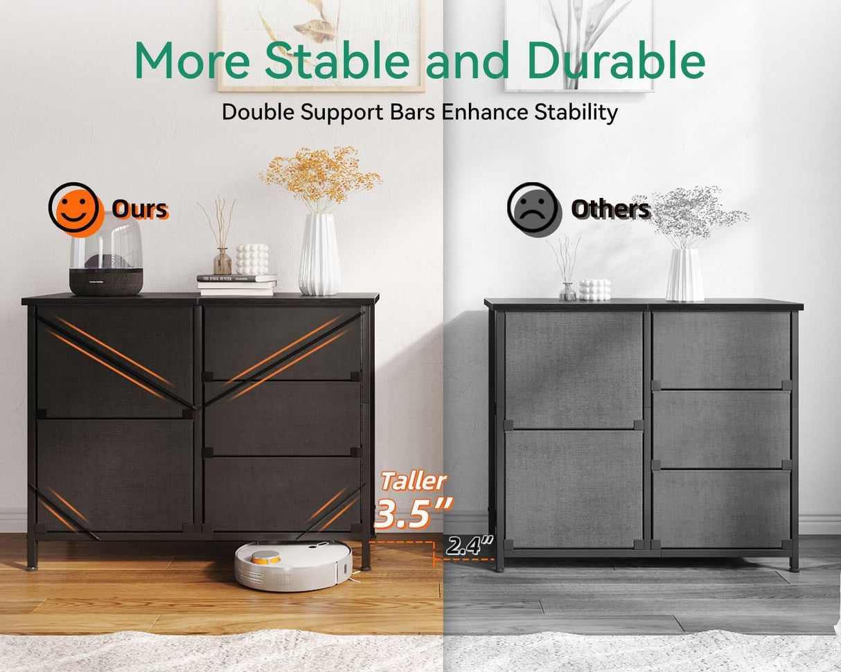 AODK Dresser for Bedroom Dresser TV Stand with 5 Storage Drawers, Small Fabric Dresser Chest of Drawers for Closet Organizer Clothes, Black AODK