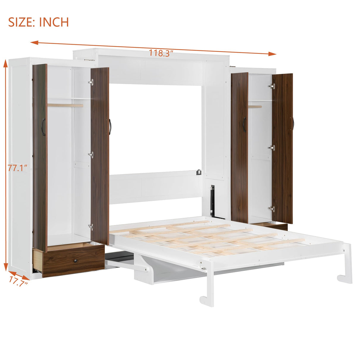 Flieks Queen Size Murphy Bed, Wooden Queen Wall Bed with Closet, Drawers and Desk, White Flieks
