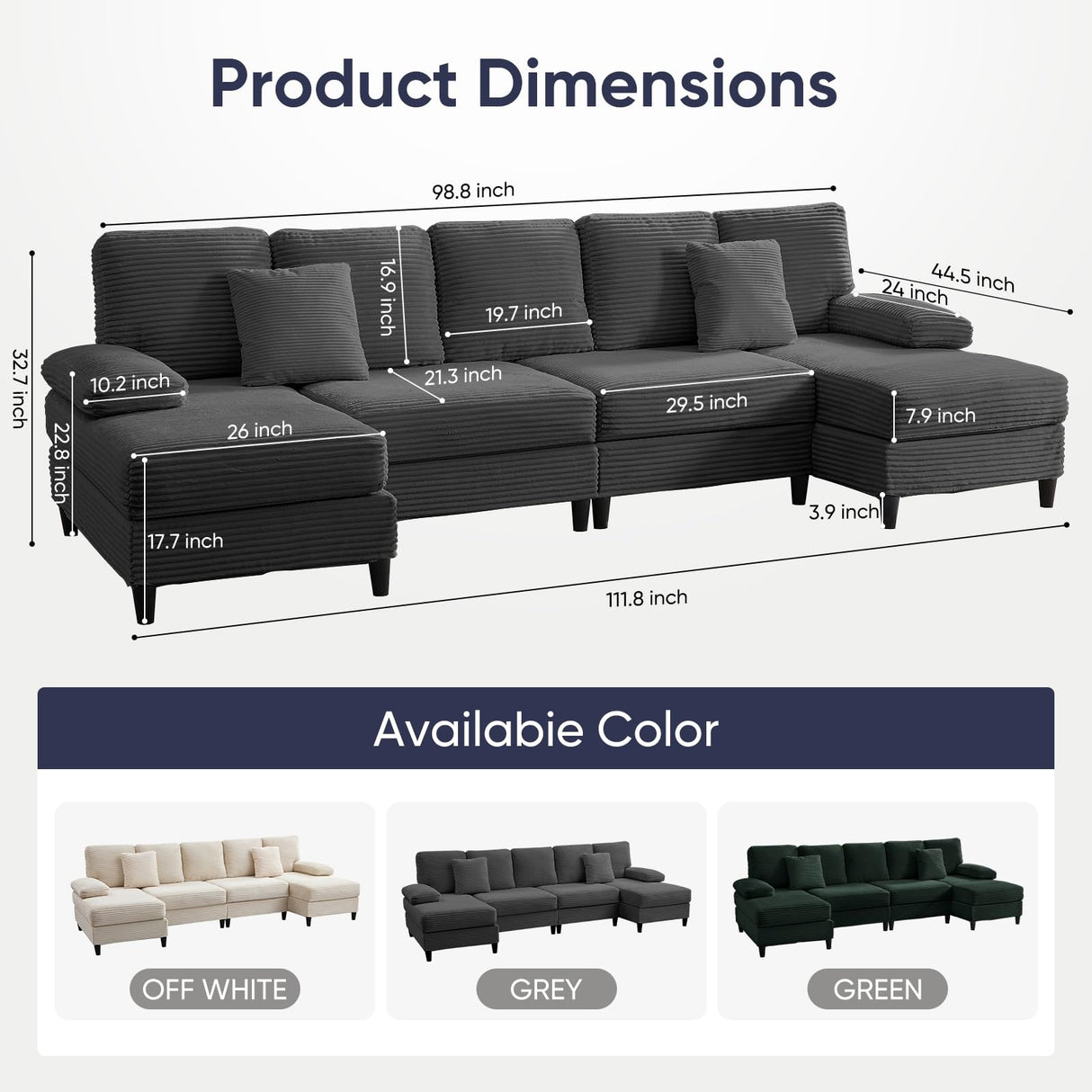 ijuicy U Shaped Sofa Couch with Double Chaises, 112" Sectional Sofa with Sleepable Armrest, 4 Seat Couch with Chaises, Sectional Couches for Living Room, Apartment (Corduroy, Dark Grey) ijuicy