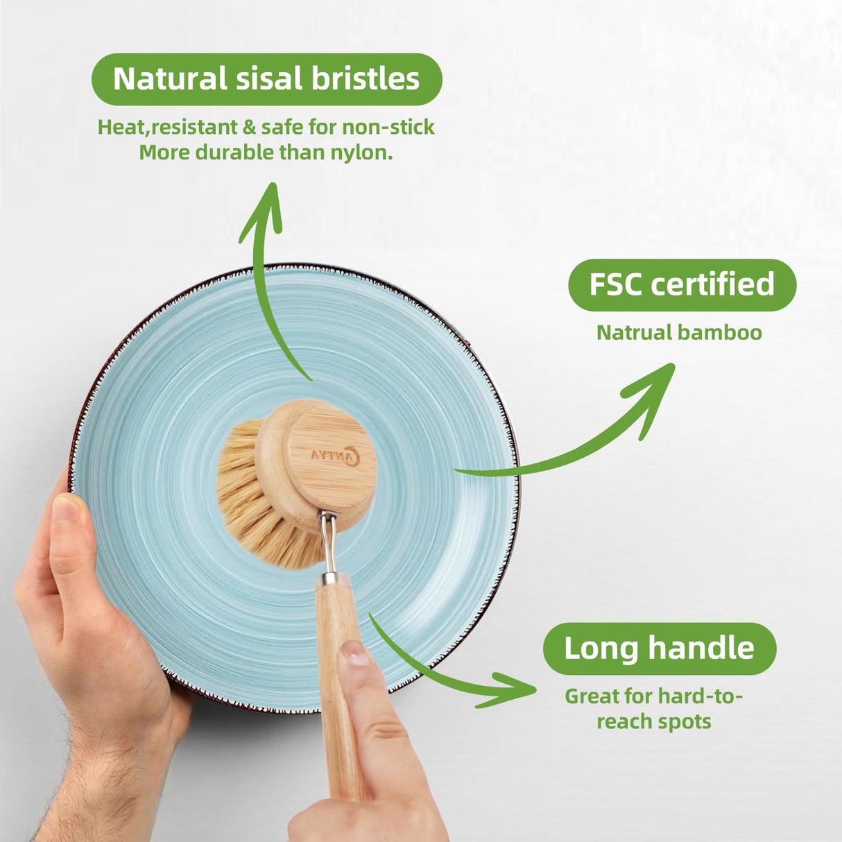 Bamboo Scrub Brush 3 Pcs Replacement Head, Natural Soft Kitchen Dish Brush with Handle Sisal Plant Veggie Brush Multi-Purpose Dish Scrubber Brush Special Kitchen Utensils ANTYA