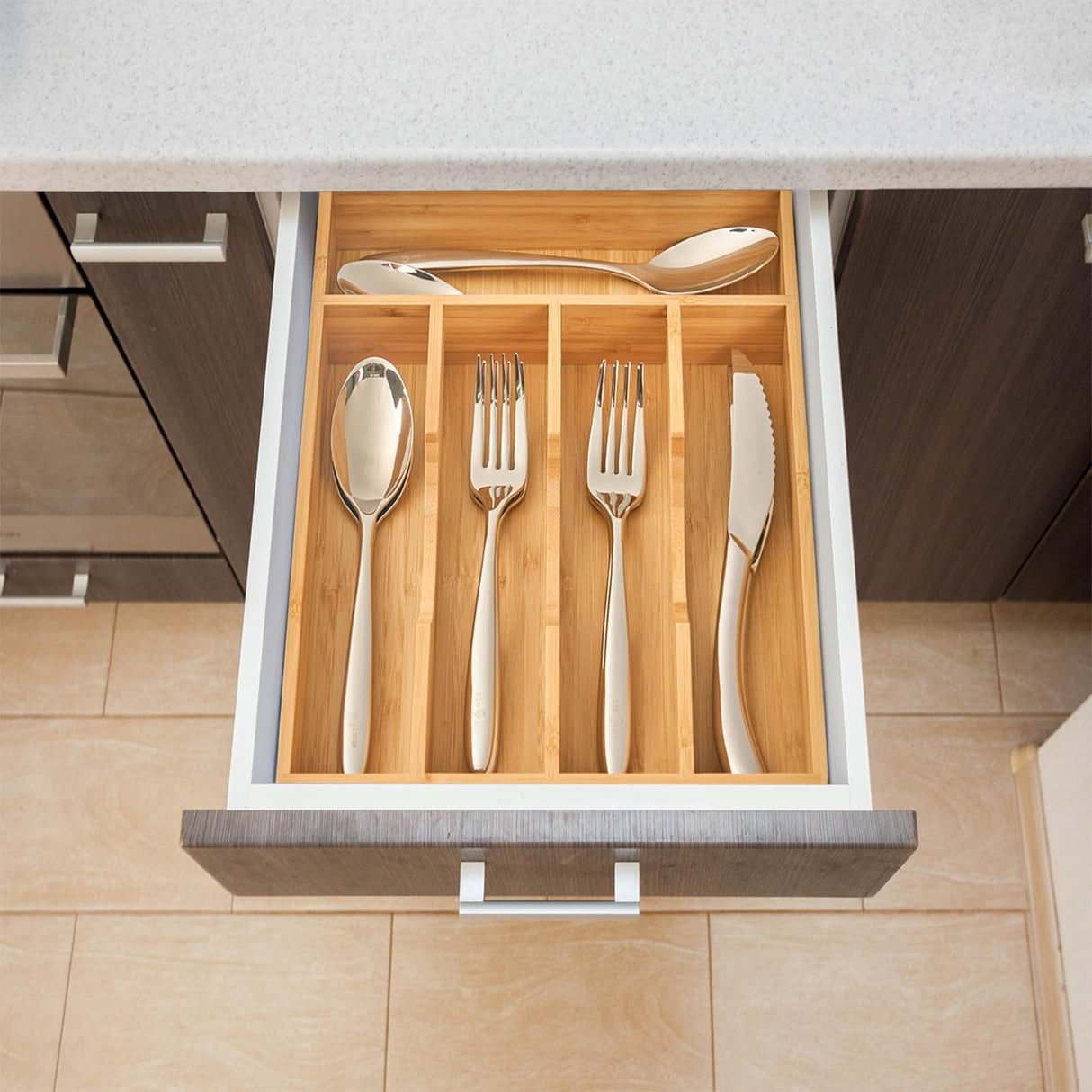 Umilife Bamboo Kitchen Drawer Organizer, 9 Inch Silverware Utensils Tray Holder for Small Drawer, Wood Caddy for Flatware Cutlery Knives Umilife