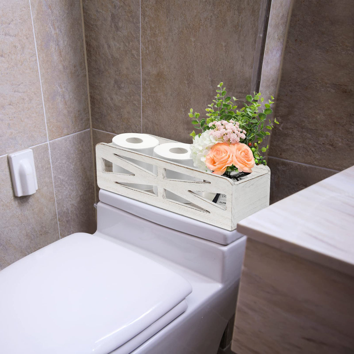 Bathroom Decor Box Toilet Paper Holder, Rustic Wooden Toilet Tank Box, Farmhouse Over Toilet Bathroom Organizer Storage Basket for Living Room, Table Counter, Kitchen (Rustic White) RJMKD