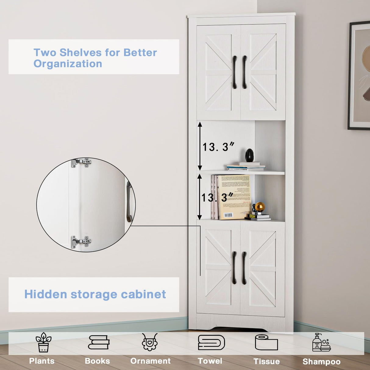 NOVAMAISON 67" Tall Farmhouse Corner Cabinet with Barn Door Design in White - Stylish Storage Solution for Any Room NOVAMAISON