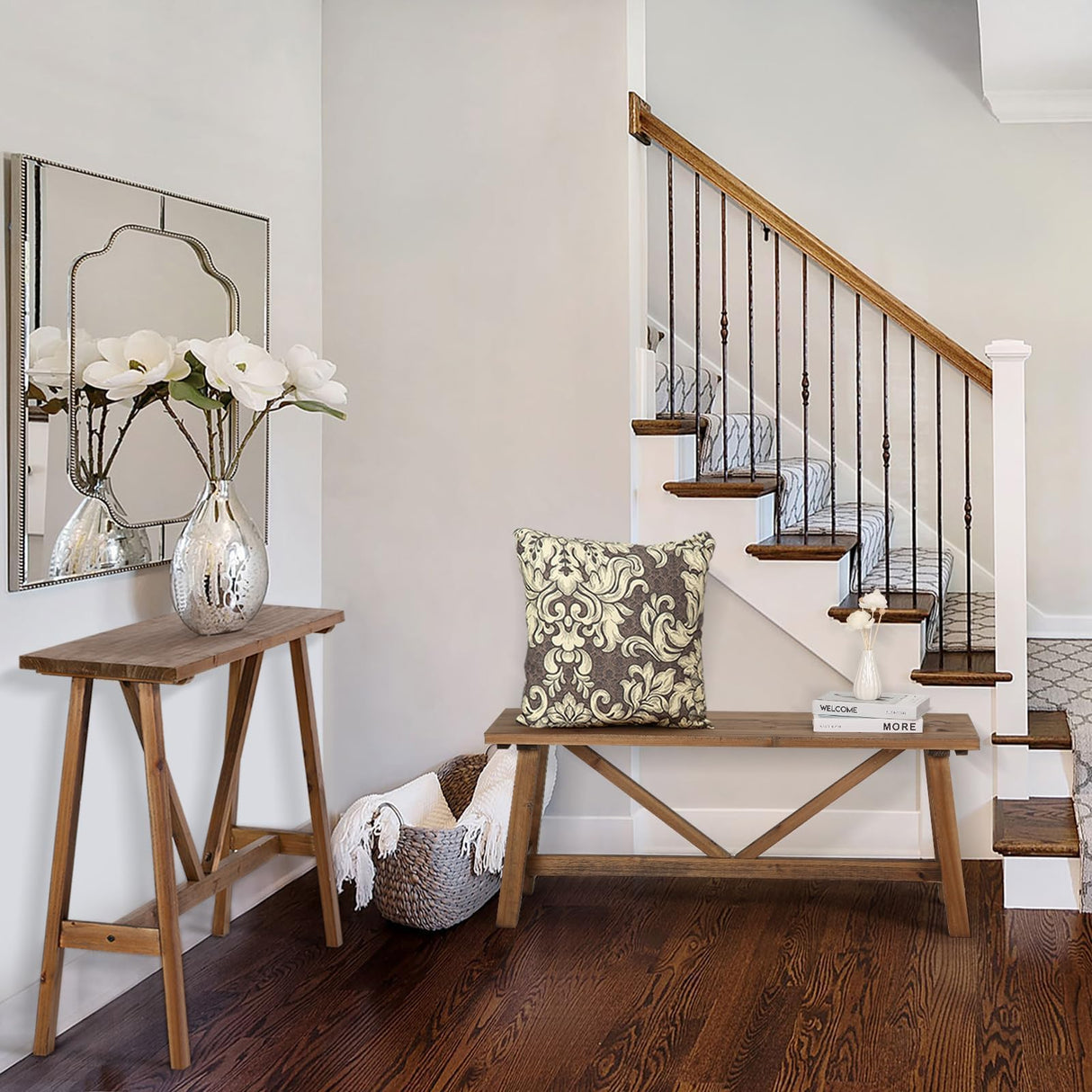 Wnutrees 43" Farmhouse Wood Bench, Narrow Bench, Long Bench Seat for Entryway, Living Room, Dining Room, Solid Wood, Natural Wnutrees