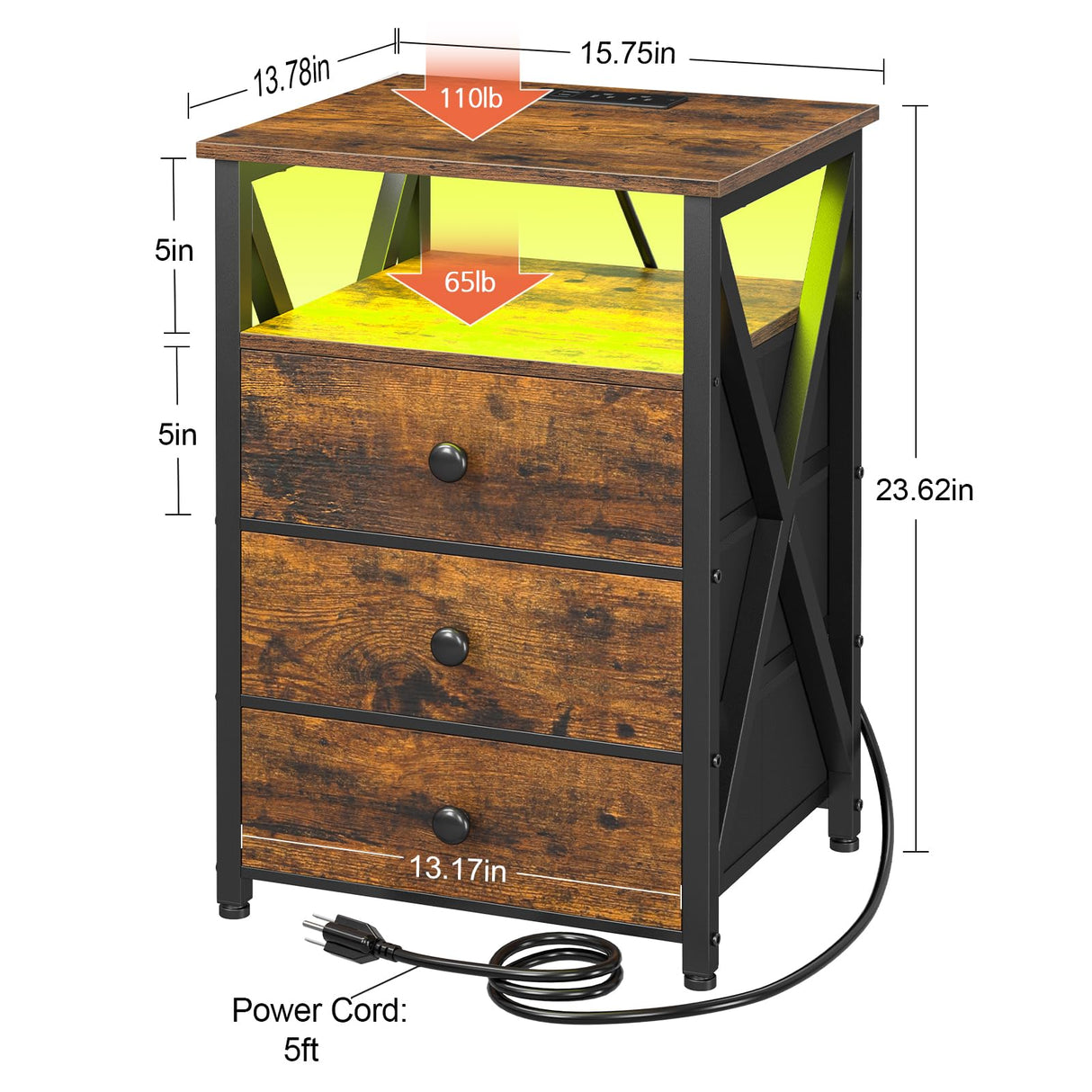 AMHANCIBLE Night Stand Set 2, LED Nightstand with Charging Station, End Side Tables with USB Port & Outlet, Bedside Tables with Fabric Drawers for Bedroom Living Room, Rustic Brown HET053LBR AMHANCIBLE