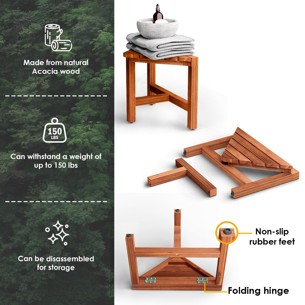 Acacia Wood Corner Shower Stool - Multi-Functional Foot Rest for Shaving and Grooming HOLANA