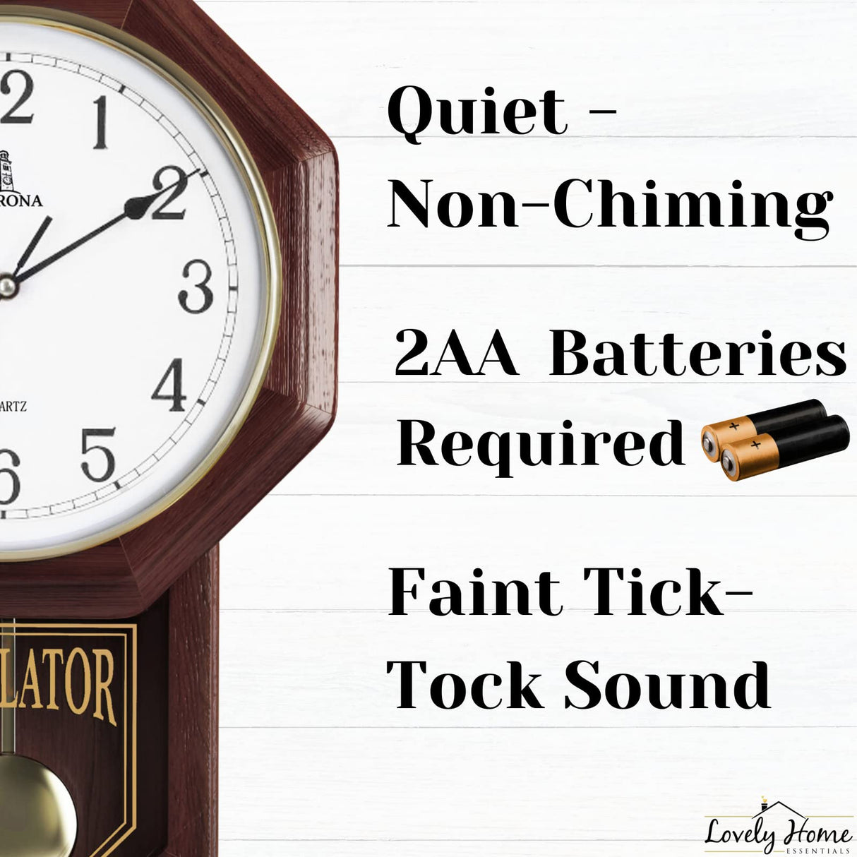 Pendulum Wall Clock - Real Wood Regulator Clock - Schoolhouse Design - Quiet, Non-Chiming, Wooden & Battery Operated - Decorative Wall Decor for Living Room, Home, Office 18x11 Lovely Home Essentials