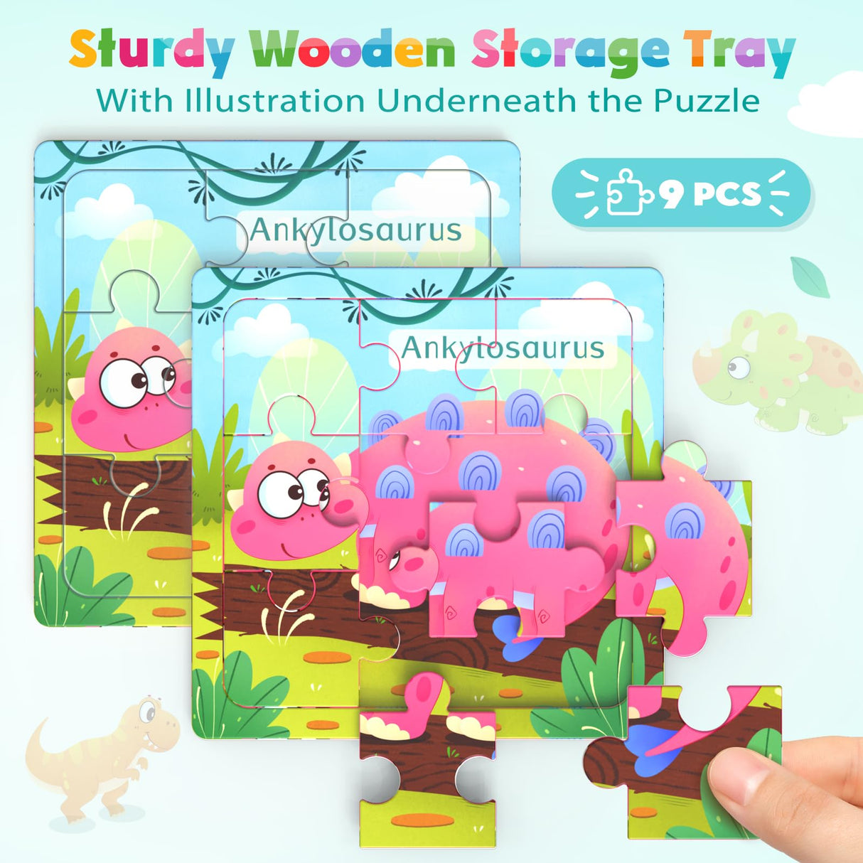 Zeoddler Wooden Puzzles for Toddlers, 8 Pack Dinosaur Jigsaw Puzzles for Kids3-5, 9 Pieces Preschool Learning Activities, Learning & Educational Puzzles, Gift for Boys, Girls Zeoddler