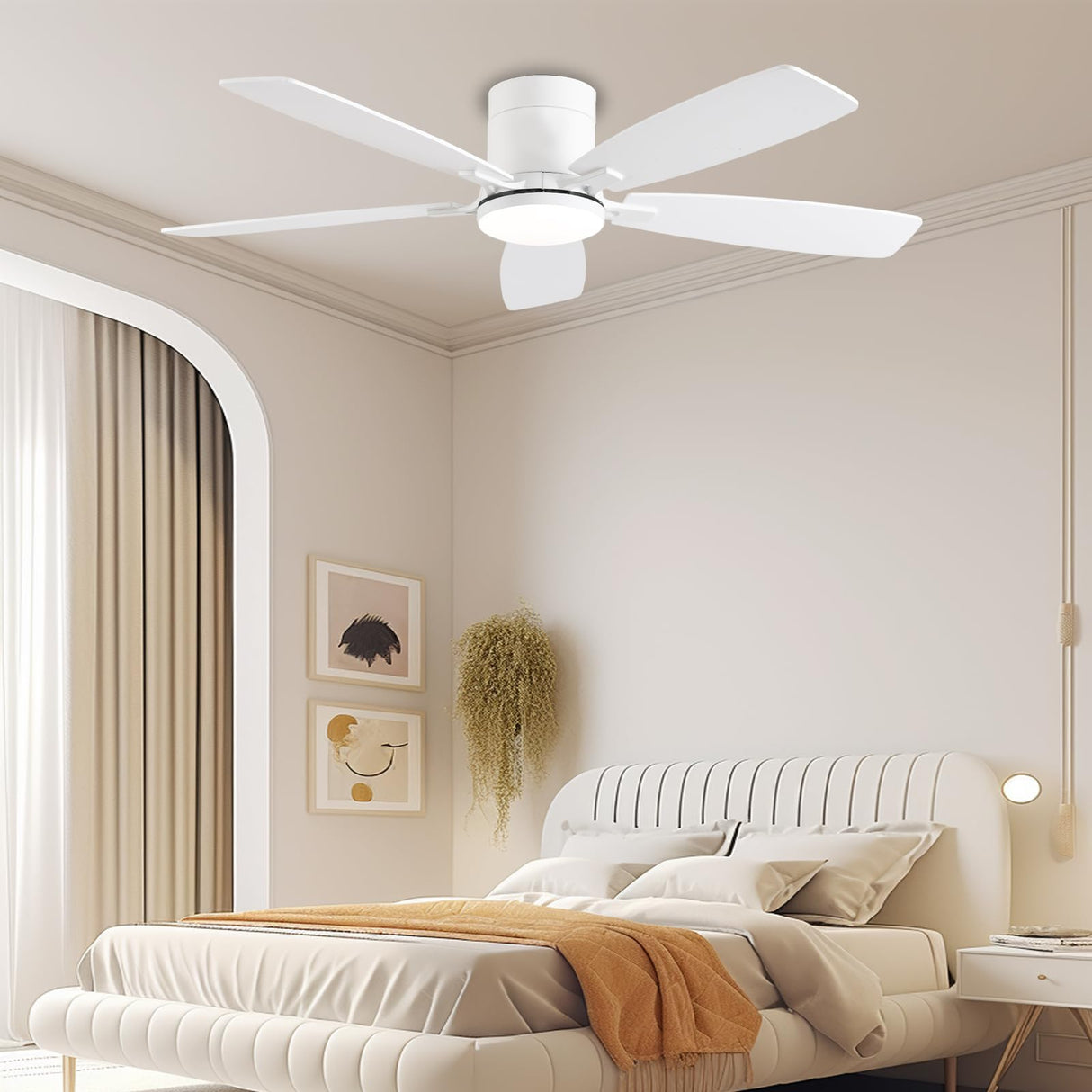 52inch Flush Mount Ceiling Fans with Lights and Remote/APP Control, Dimmable LED, Reversible DC Motor, Noiseless, Low Profile White Ceiling Fan for Livingroom, Indoor/Outdoor Use FUMLTP
