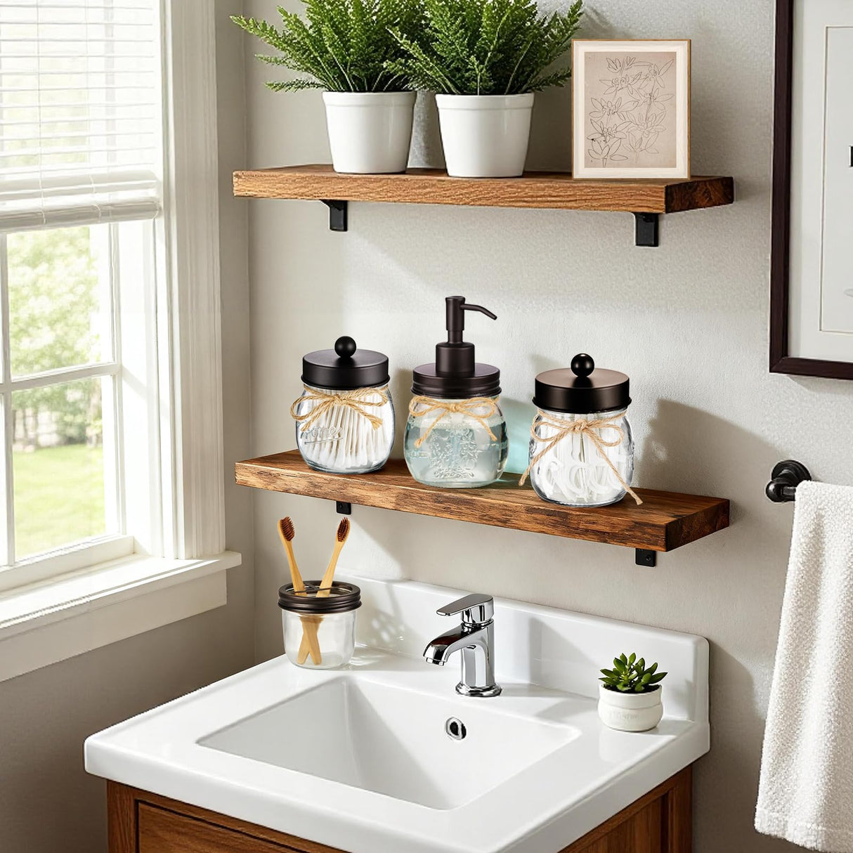 Amolliar Mason Jar Bathroom Accessories Set 4 Pcs -Lotion Soap Dispenser & 2 Qtip Holders & Toothbrush Holder - Rustic Farmhouse Decor, Bathroom Home Decor (Bronze) Amolliar