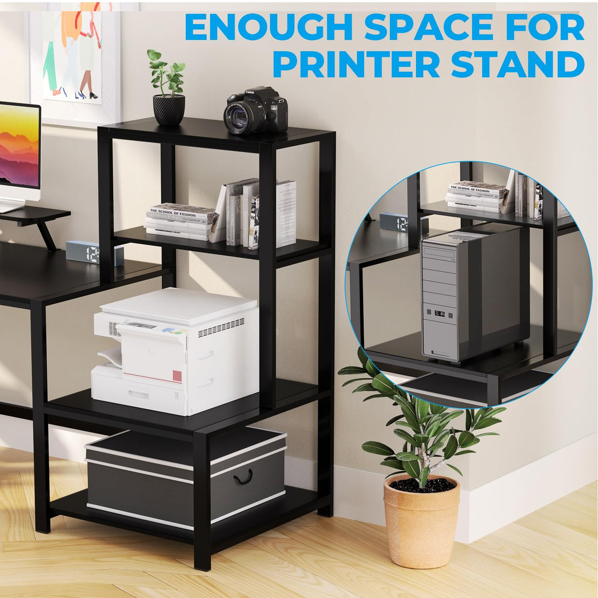 GreenForest Computer Desk 67 inch with Storage Printer Shelf, Reversible Gaming Home Office Desk Large Study Writing Table with Movable Monitor Stand and 2 Headphone Hooks for PC Working, Black GreenForest