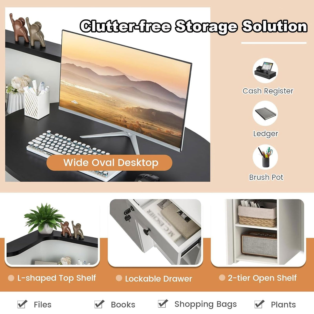 Reception Desk, Wooden Computer Desk Reception Table,Front Counter Desk with Lockable Drawer & Adjustable Shelf, Oval Desktop, Computer Workstation for Salon Lobby Office, Home Office Desk ( Color : B HMDKRQQ