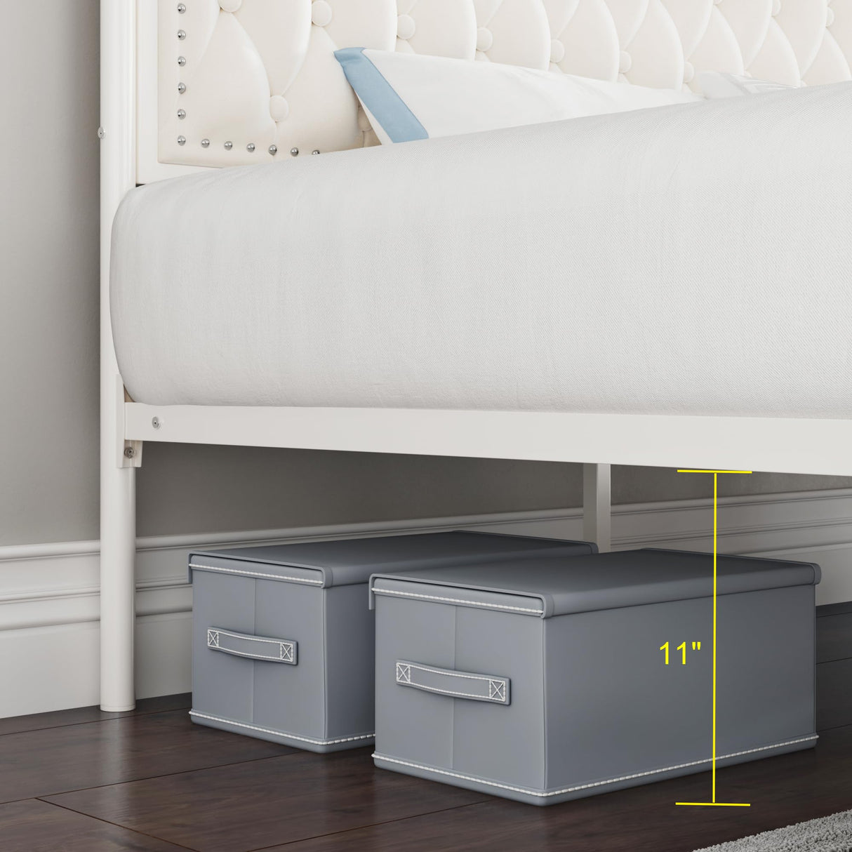 Keyluv Beige Upholstered Canopy Bed Frame with 2 Storage Drawers and Button Tufted Headboard Keyluv