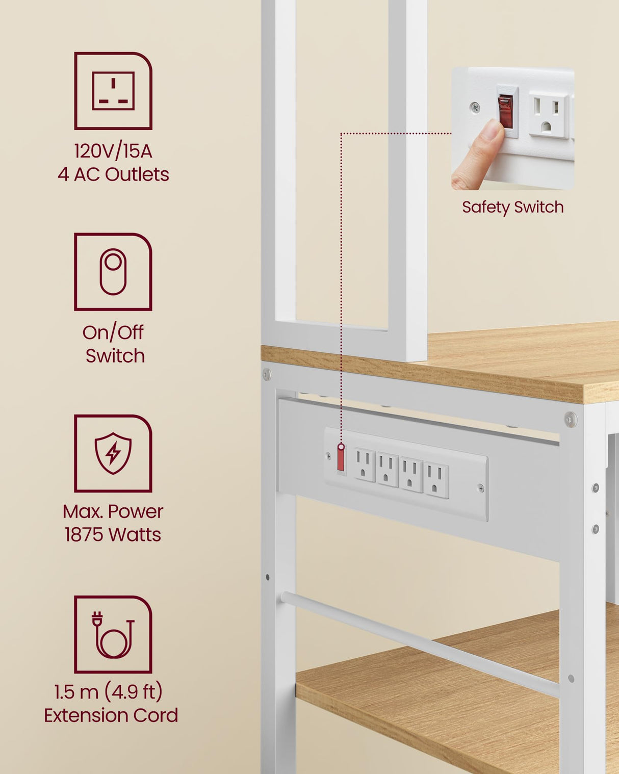 VASAGLE Bakers Rack with Charging Station, Coffee Bar with Adjustable Storage Shelves, Fabric Drawer, 12 Hooks, 15.7 x 31.5 x 71 Inches, Kitchen Microwave Stand, Golden Oak and Cloud White UKKS015Y03 VASAGLE