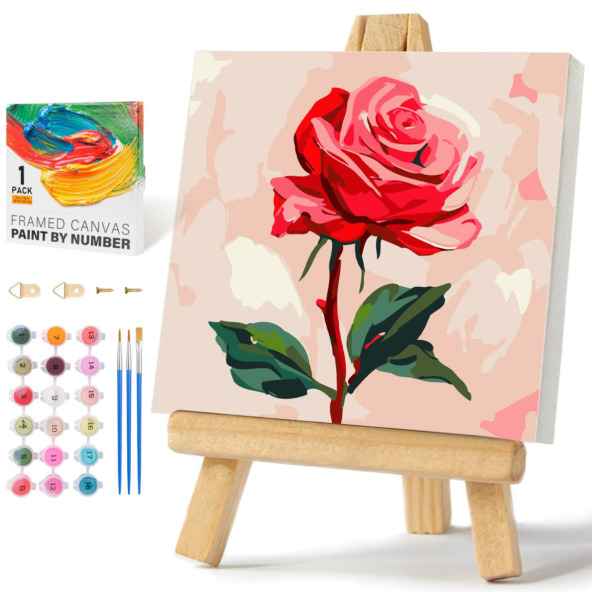 Offito Framed Paint by Numbers Kit for Adults Beginners & Kids Ages 8-12, Rose Flower Acrylic Easy Paint by Number with Frame, Paint by Number Kits on Canvas Framed (10 * 10 Inch, Without Easel) Offito