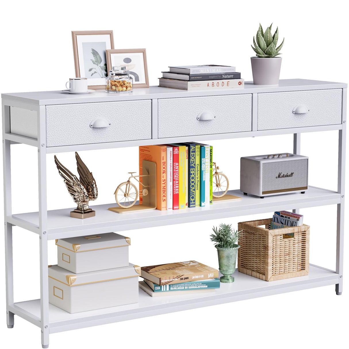 White 47" Console Sofa Table with 3 Drawers and Multi-Tier Storage Shelves for Entryway and Living Room Furologee