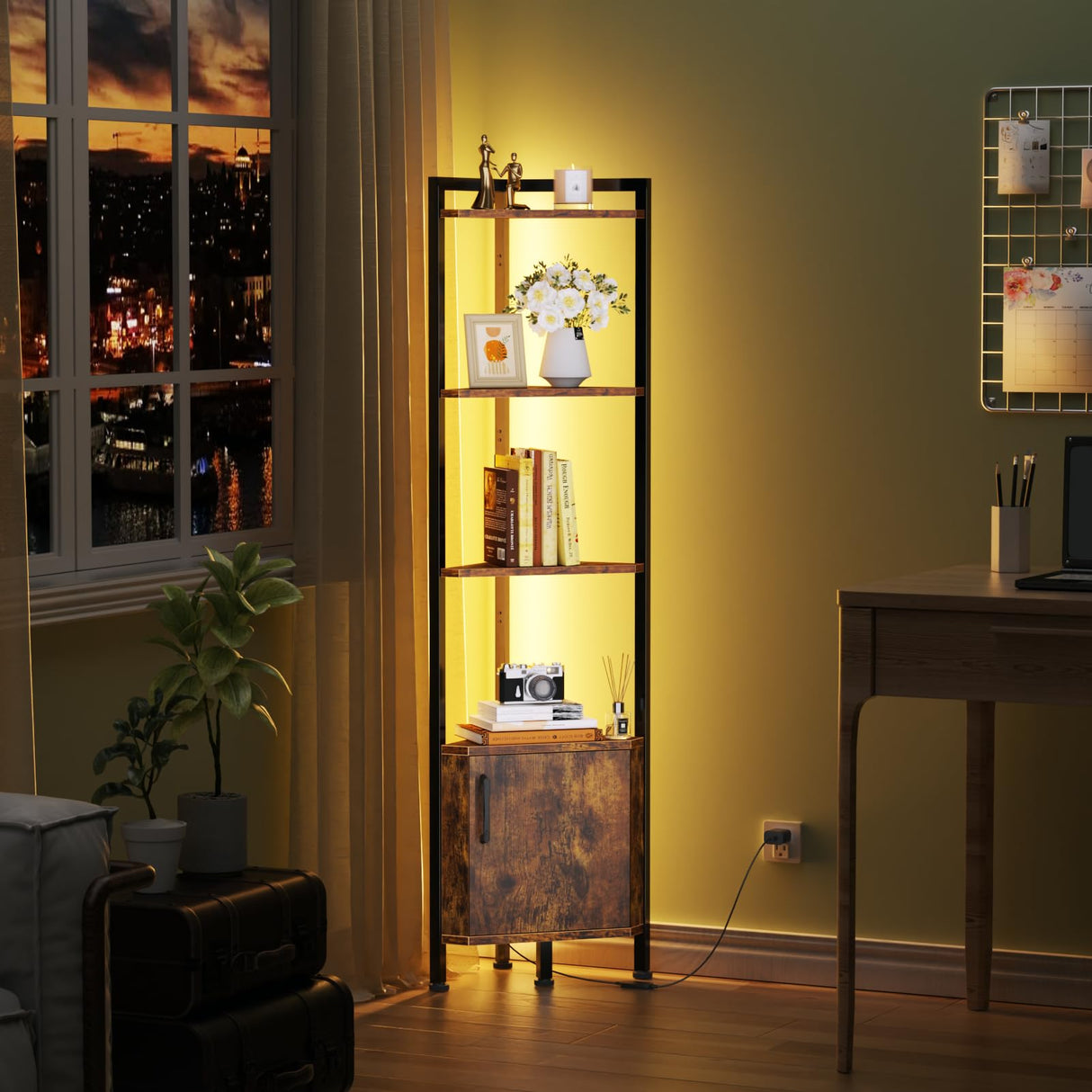 Furnulem Corner Shelf, Narrow Corner Bookshelf LED,5-Tier Corner Cabinet with Storage, 62.8” Standing Display Shelf for Bedroom, Living Room, Kitchen, Wood Display Shelf (Rustic Brown) Furnulem