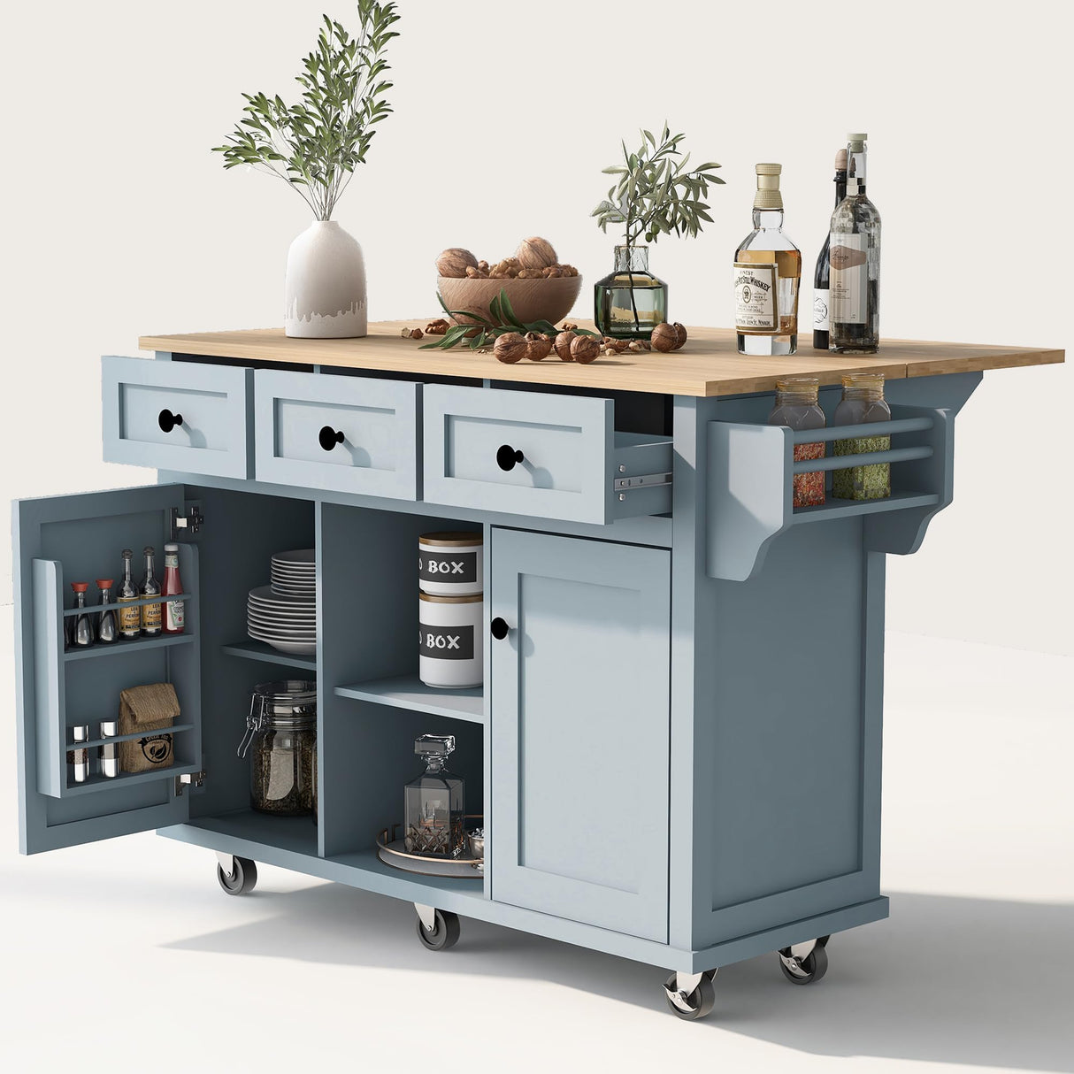 LUMISOL Kitchen Island with Drop Leaf, Wood kitchen island on Wheel with Internal Storage Racks (Gray Blue,53.1" D) LUMISOL