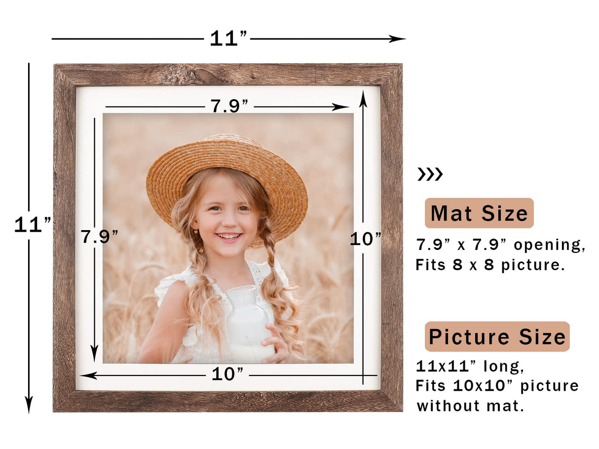ORIVAN 10x10 Picture Frame Wood Display Picture 8x8 with Mat or 10x10 without Mat Distressed Brown Square Photo Frame for Wall and Tabletop Decoration ORIVAN
